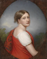 Portret van een dame voor een landschap, achterzijde oud etiket met handgeschreven aanduiding Franz Gerhard von Kügelgen, evenals oud etiket in Russische taal